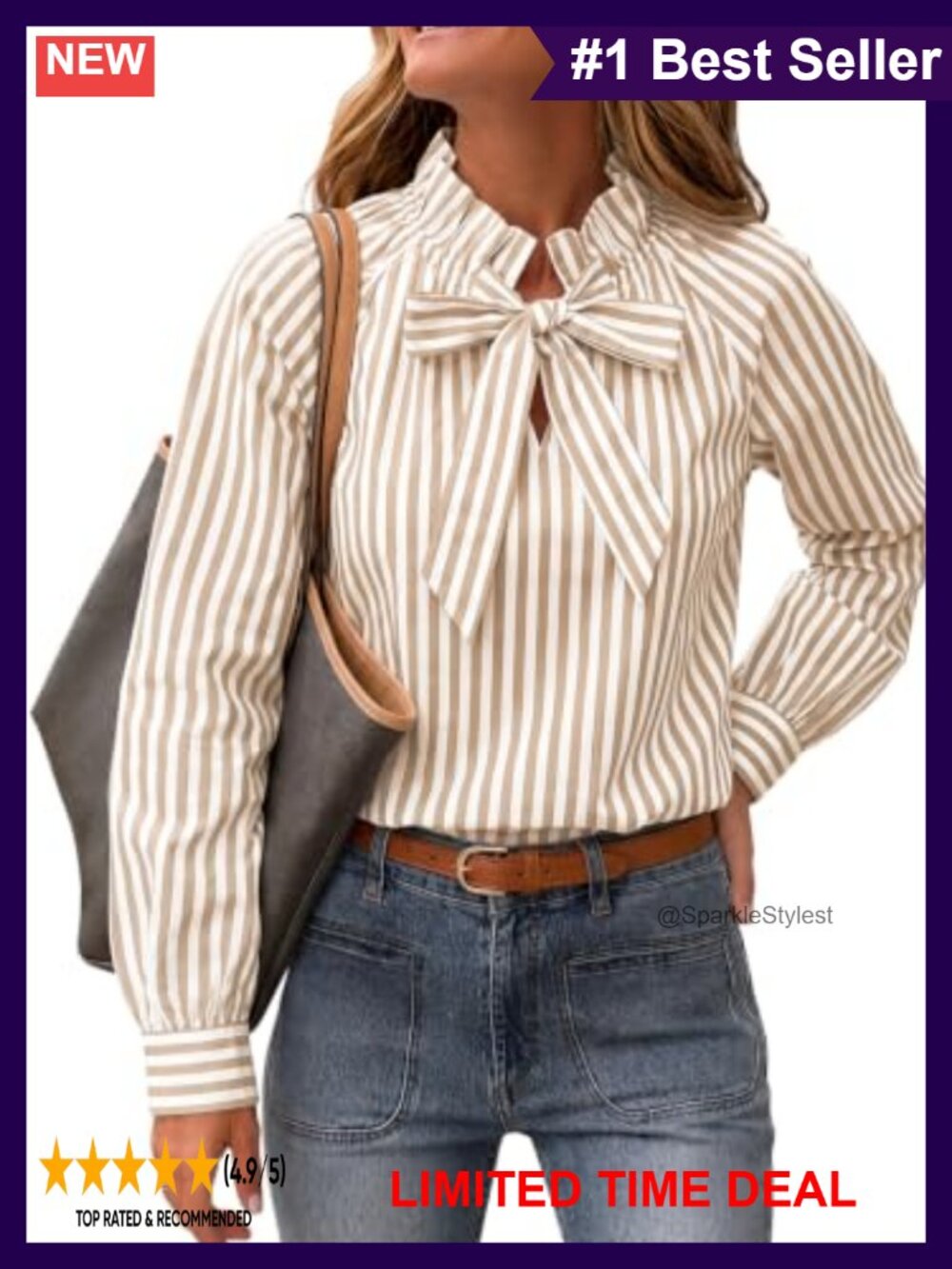 Cotton Striped Bow Tie Blouse Puff Long Sleeve Ruffle High Neck Work Top